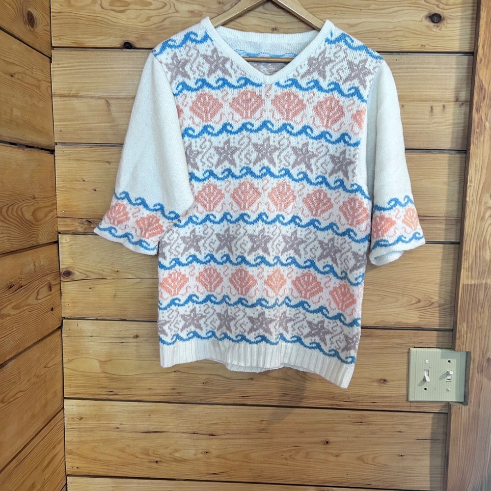 Vintage Knit Sweater Womens Large White Nautical Seashell Starfish MCM Handmade
